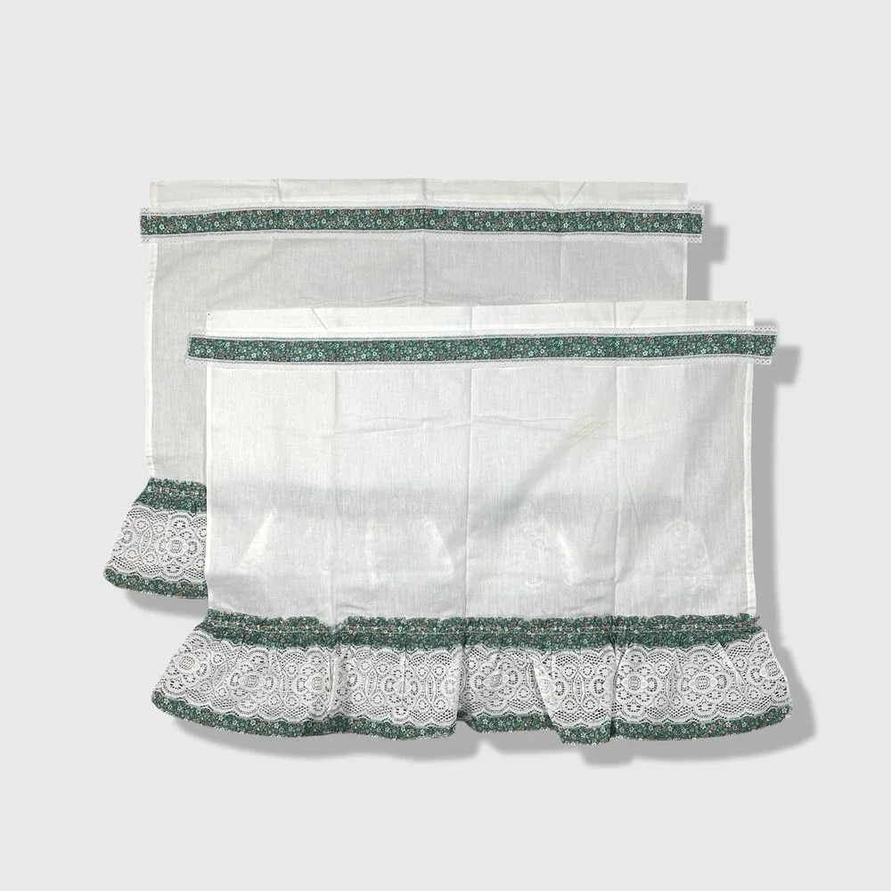Vintage 60s/70s Set of 2 Kitchen Curtains Panels Green White‎ Floral Cottagecore
